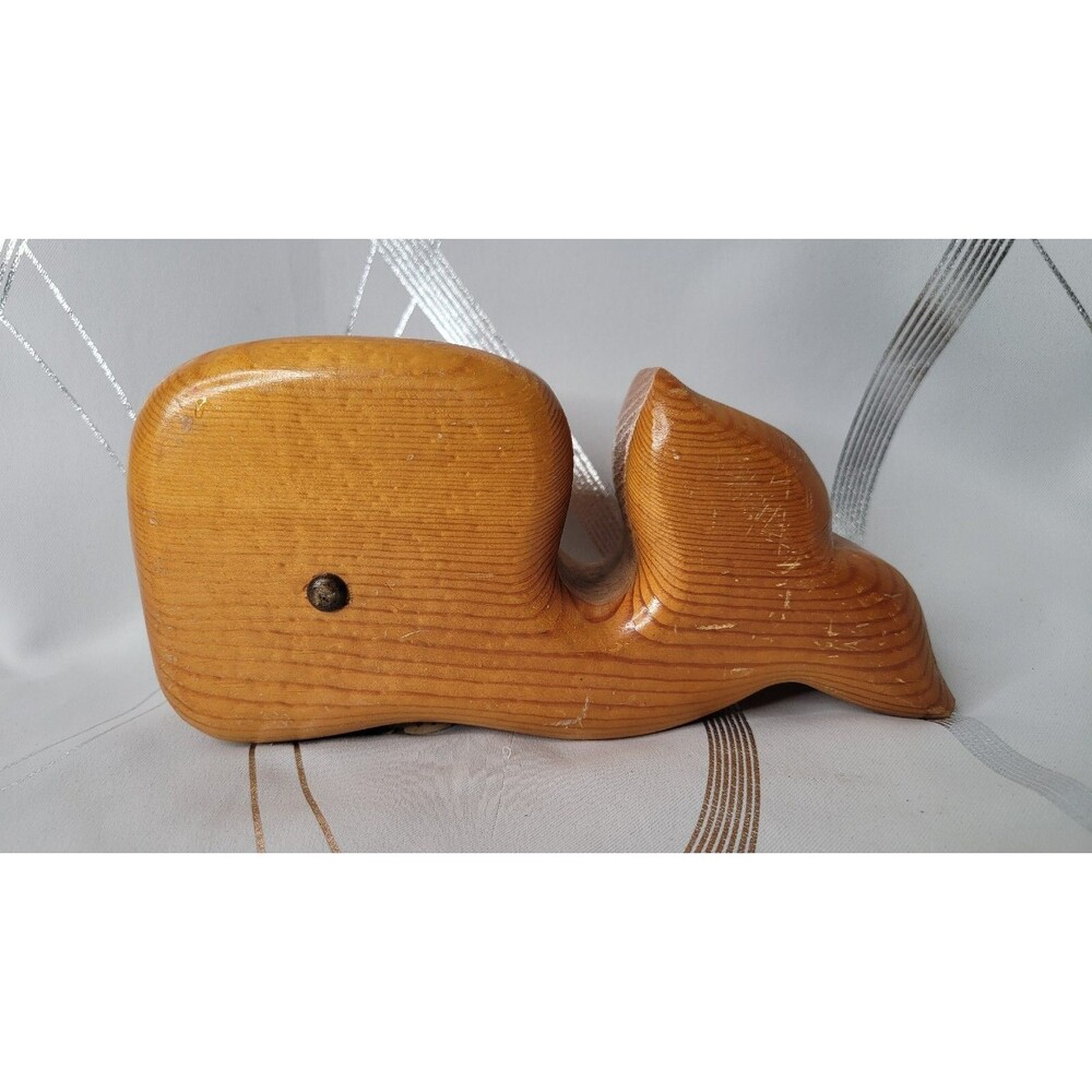 Vintage Wood Hand Carved Solid Wood‎ Whale Piggy Bank! Original Cork!